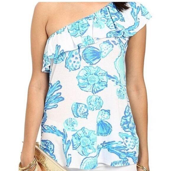 Lilly Pulitzer Neveah blue seashells ruffle one shoulder top - Picture 2 of 6